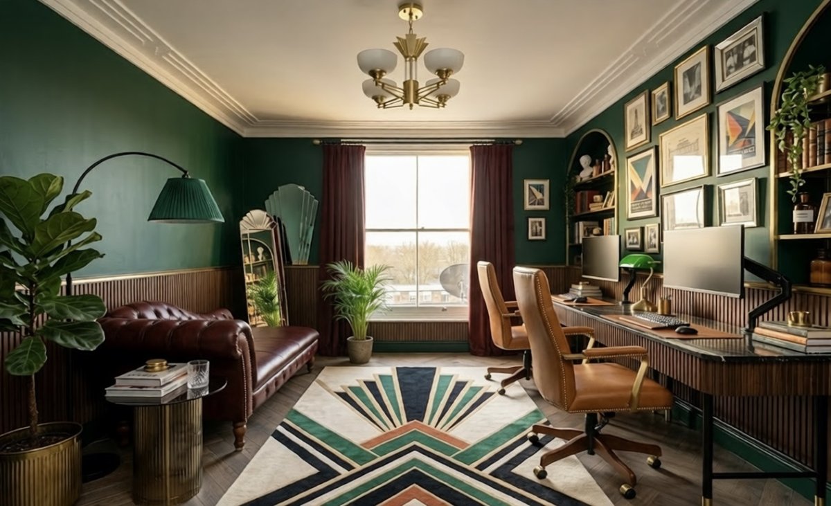 Same property, visualised in an art deco style — forest green walls, brass accents, leather