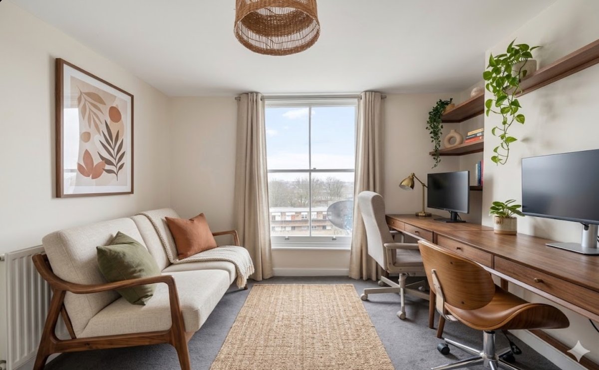 One property, visualised in a warm modern style — cream walls, wood tones, natural textiles